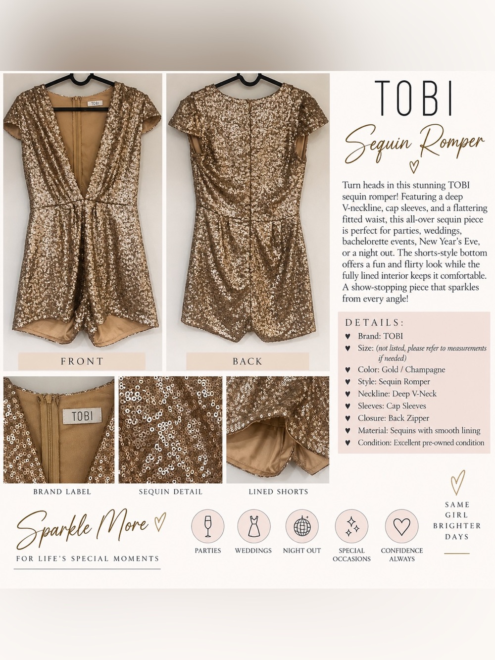 Tobi Rose Gold Sequin Deep V-Neck Romper Cap Sleeve Party